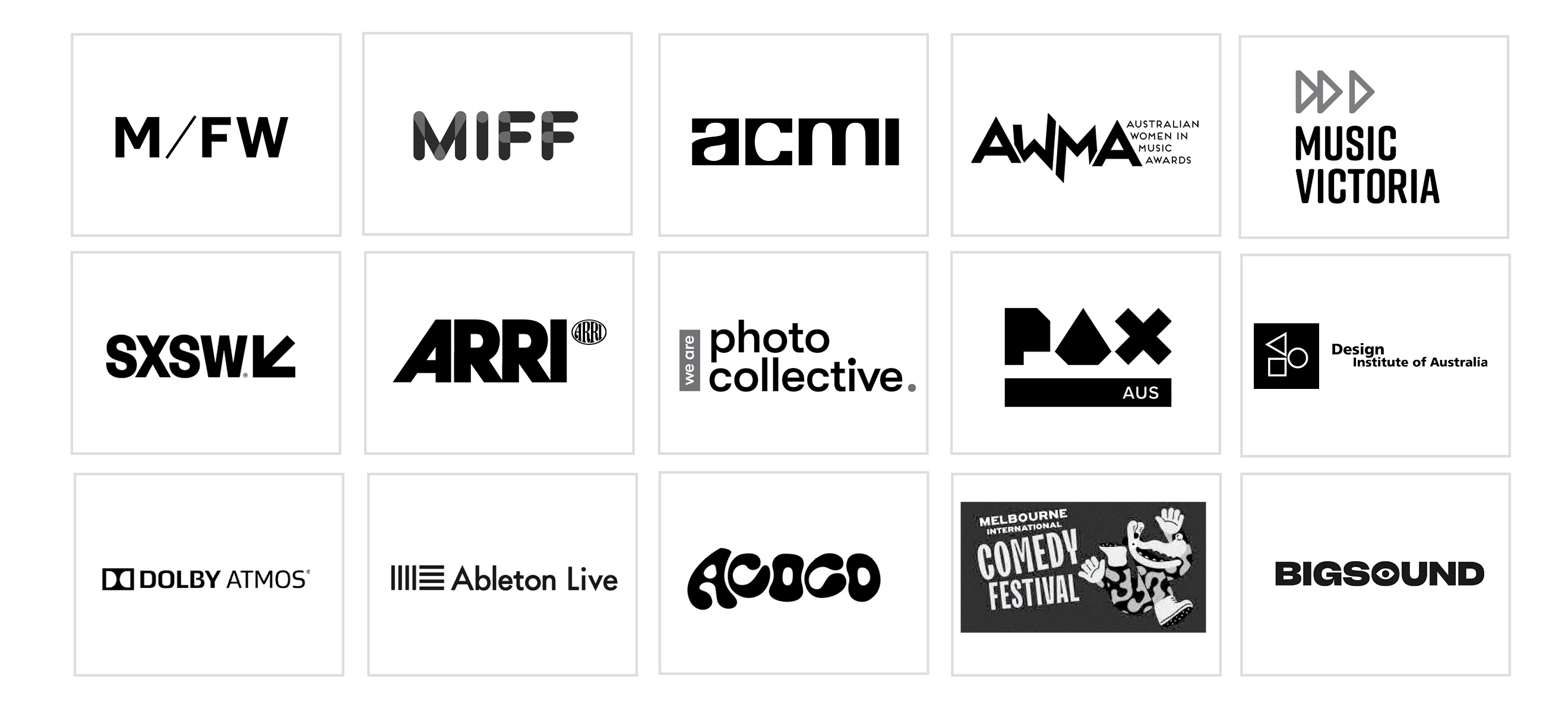 Industry and parter logos for Melbourne Fashion Week, SWSW, ACMI, Dolby Atmos, ARRI and More. 