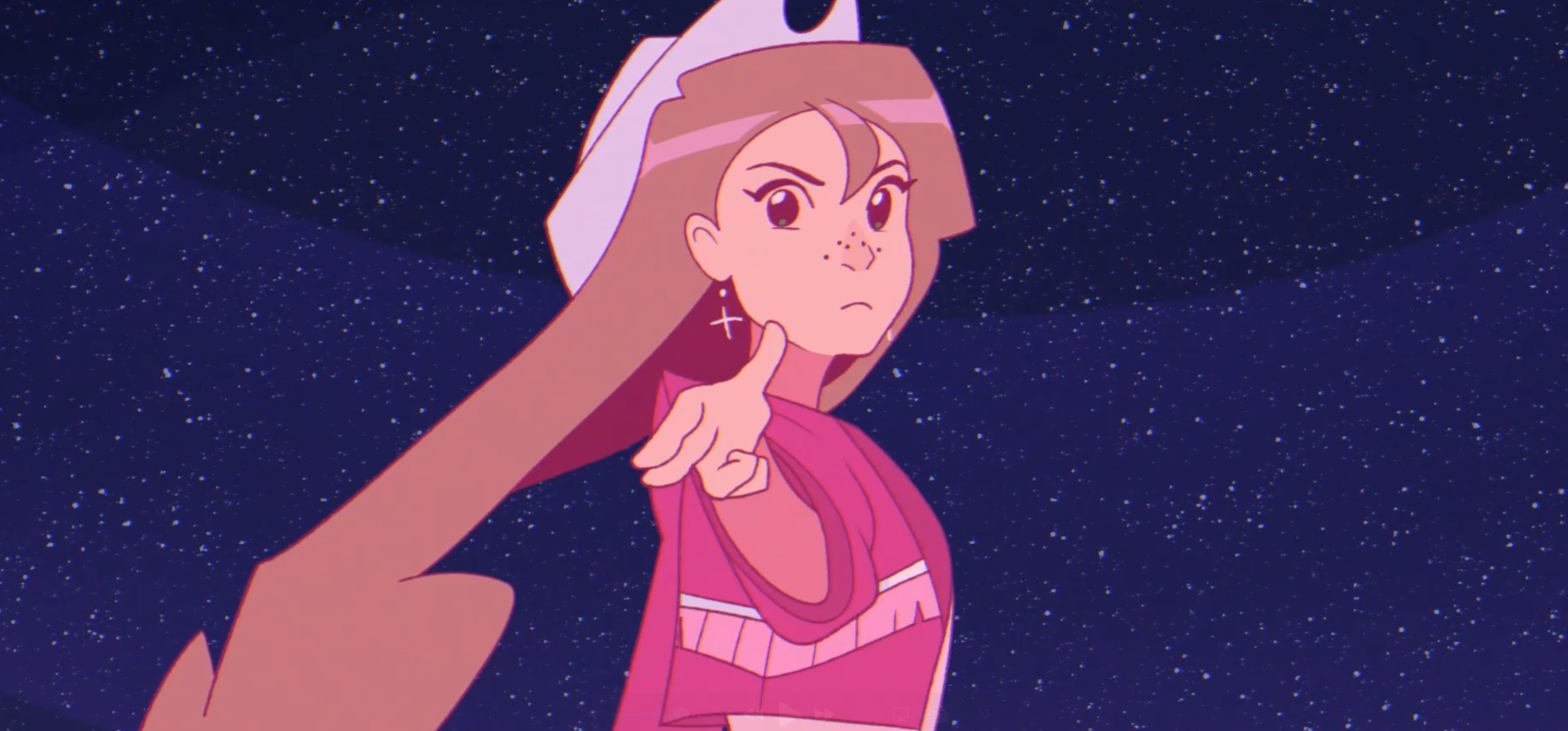 Collarts animation student work - animation of a girl with long hair wearing a hat and pink western style top, pointing her fingers into a gun