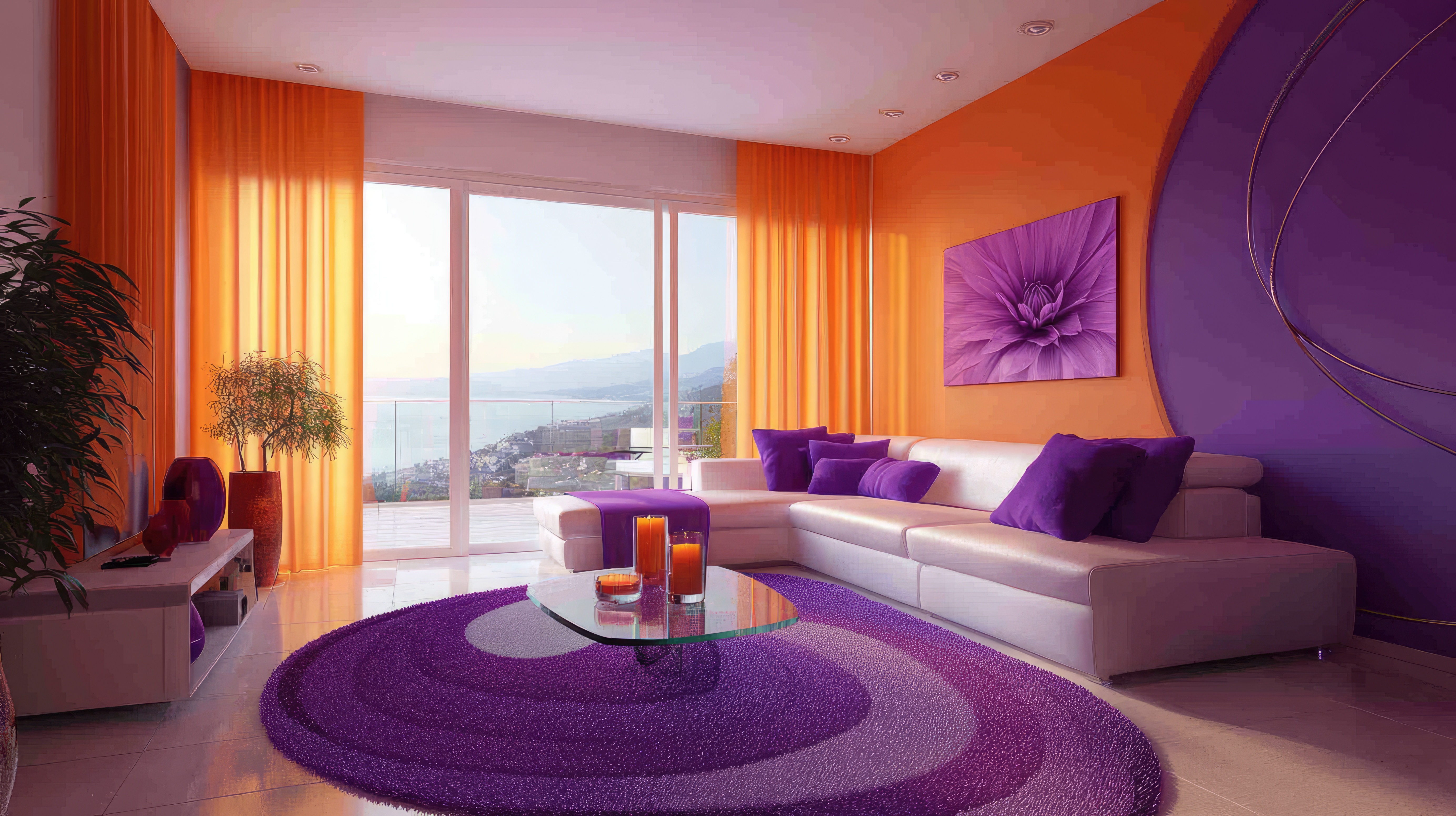 Orange and purple lounge room with a view overlooking the sea and mountains