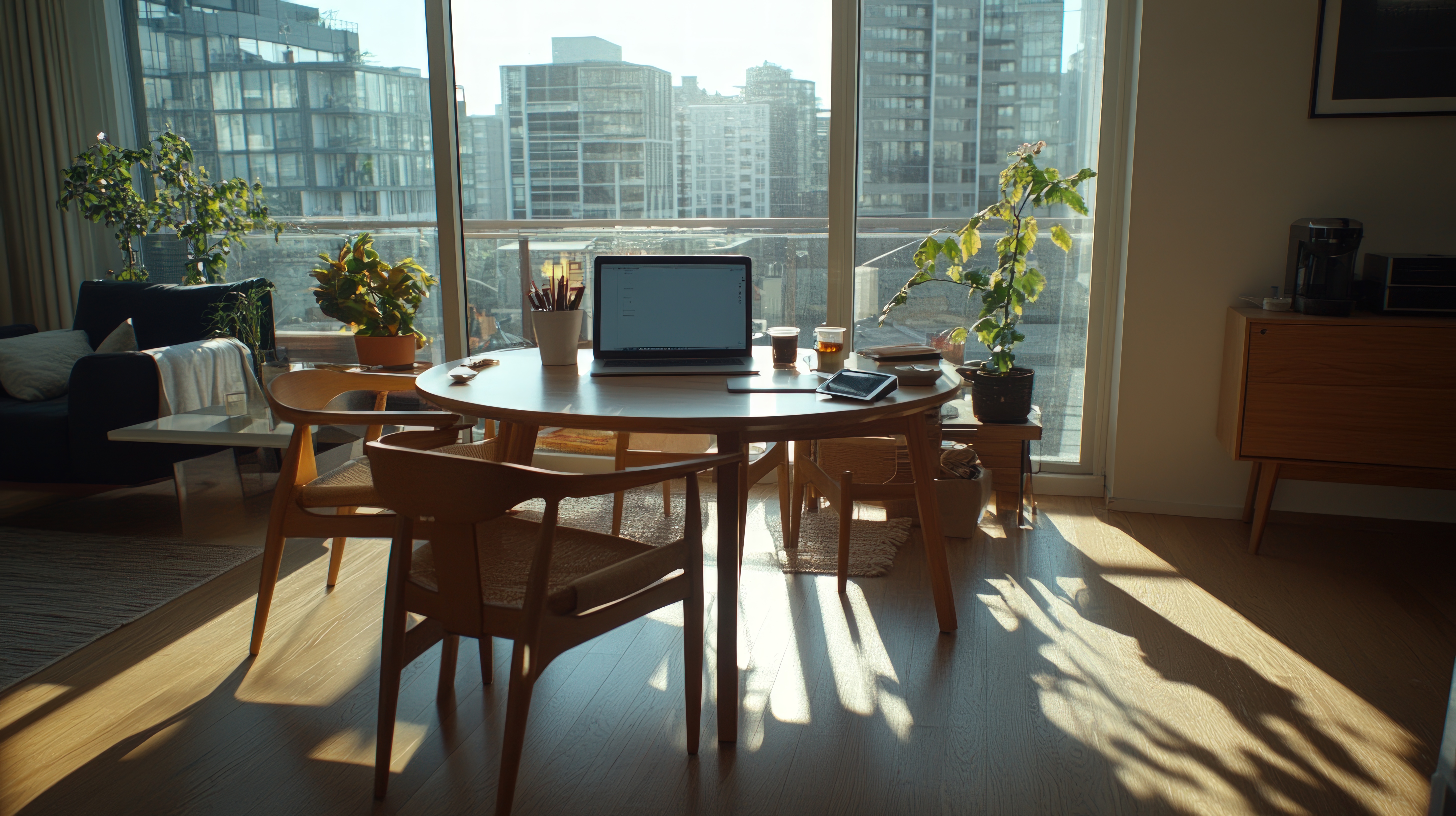 Small city apartment with dining table and computer set up to work from home