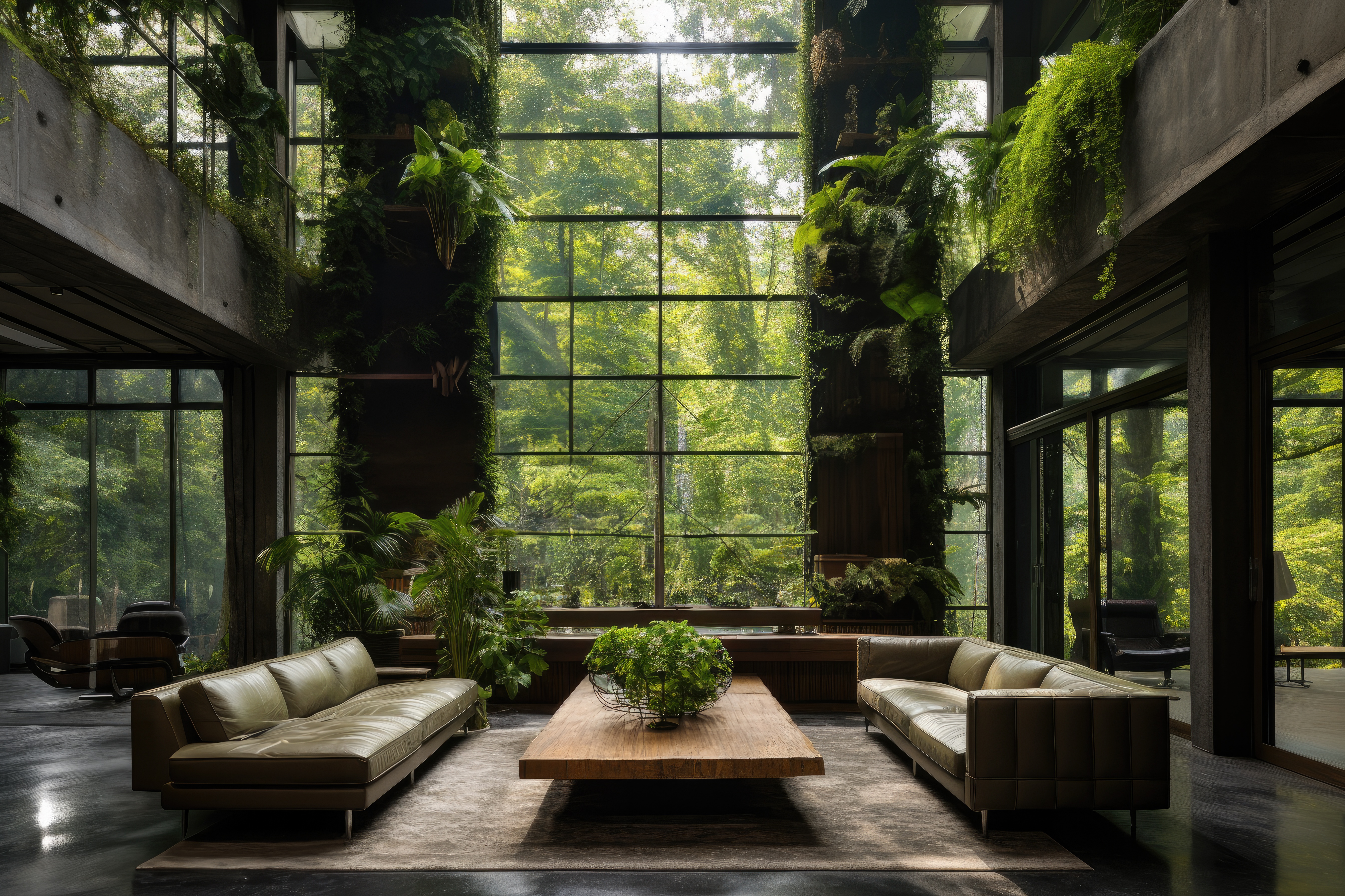 Large brutalist style lounge room with lofty windows surrounded by plants and trees