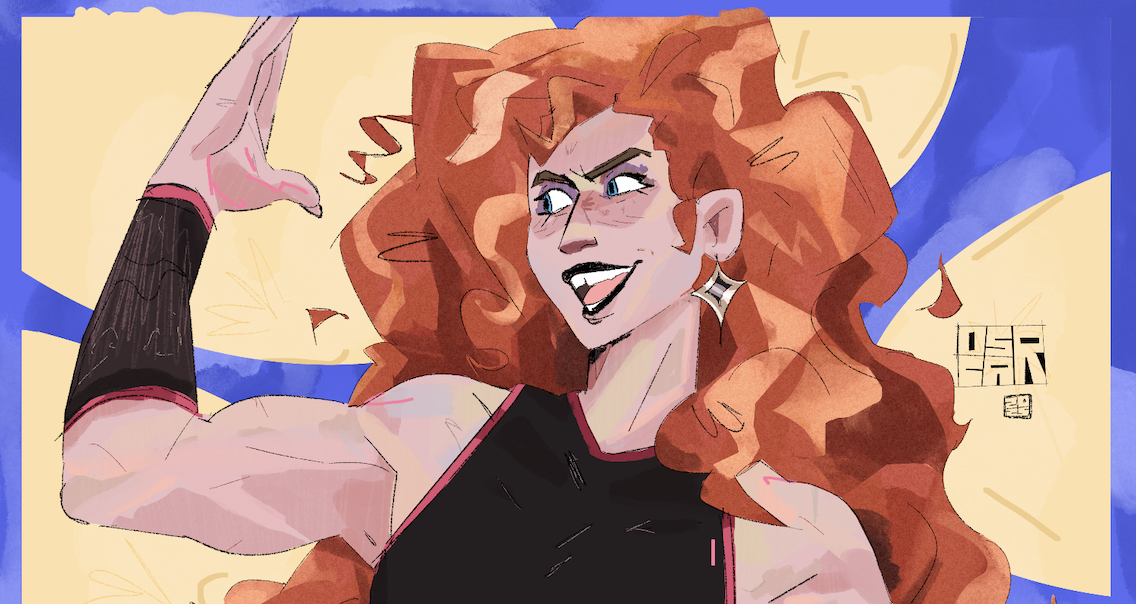 Collarts animation student work - animation of a muscly superhero girl with long, voluminous red hair holding her hand up and smiling