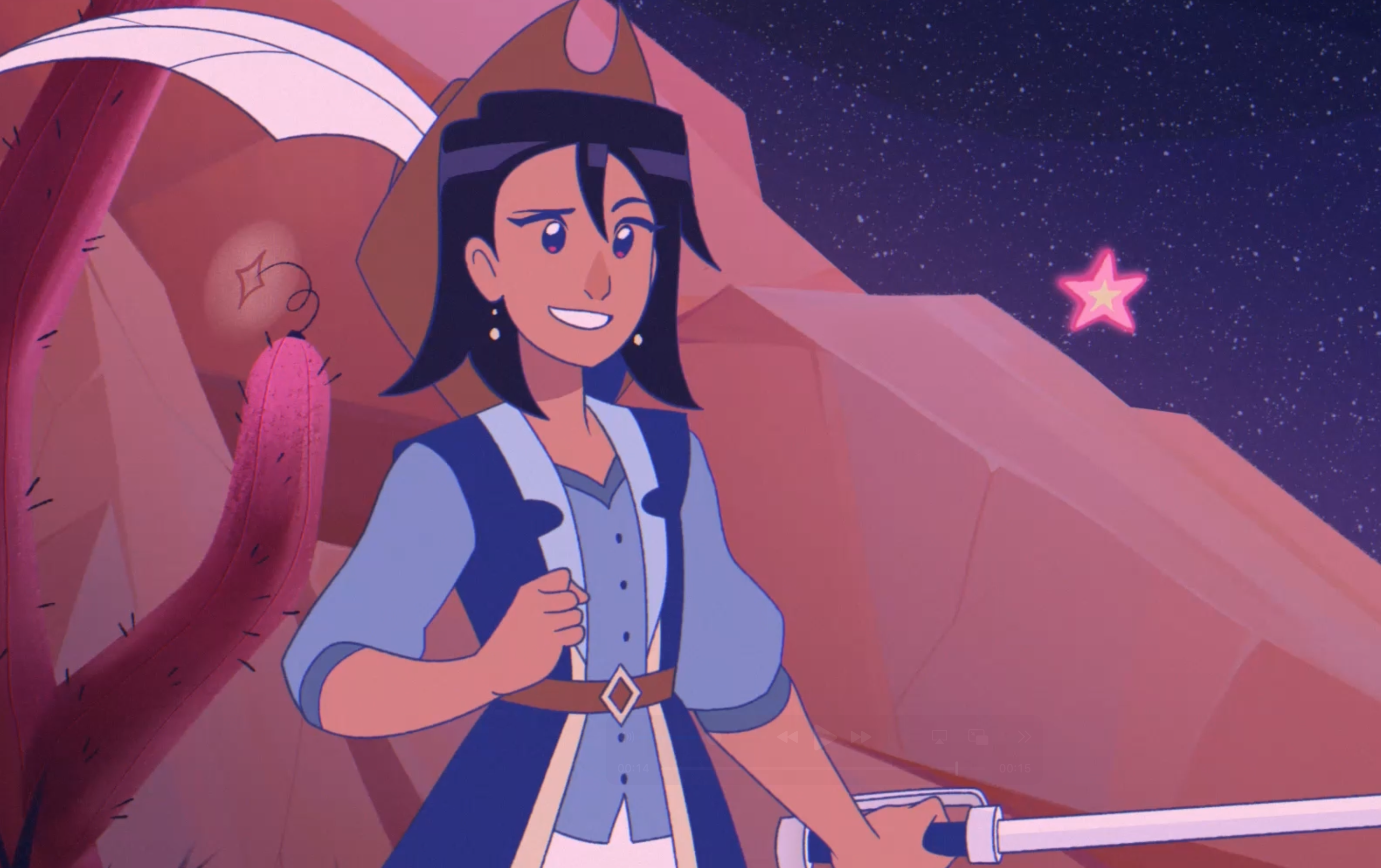 Collarts animation student work - animation of a girl with dark hair dressed in a vest, wearing a feathered hat and holding a sword.