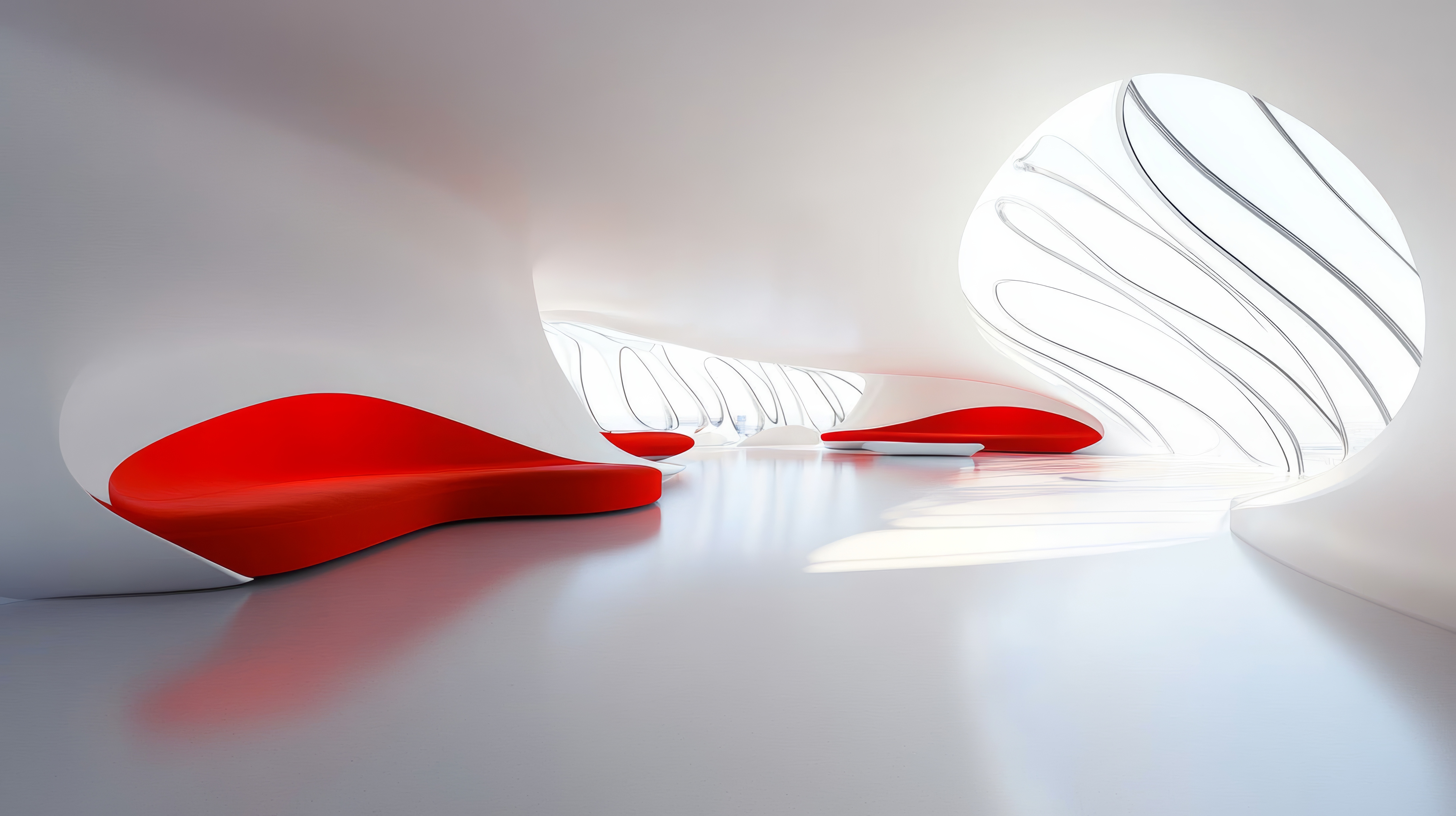 Curved, minimal, futuristic space with natural light coming through windows